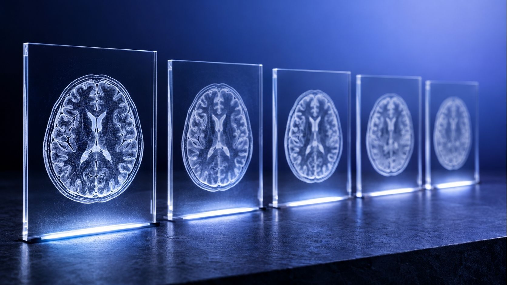 Five brain MRI slices on glass plates, arranged as a series