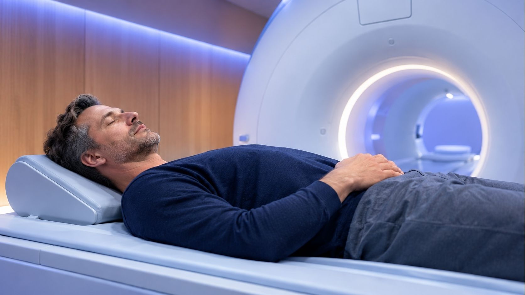 A man lying calmly on the table of an MRI scanner