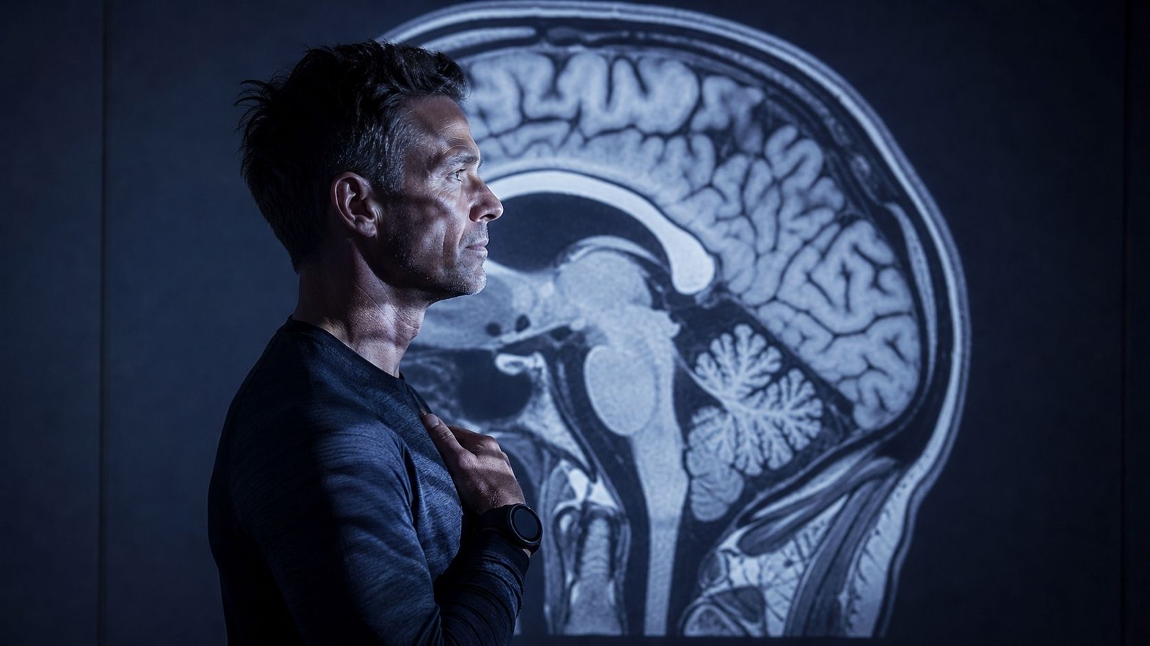 A man in profile in front of a sagittal brain MRI image
