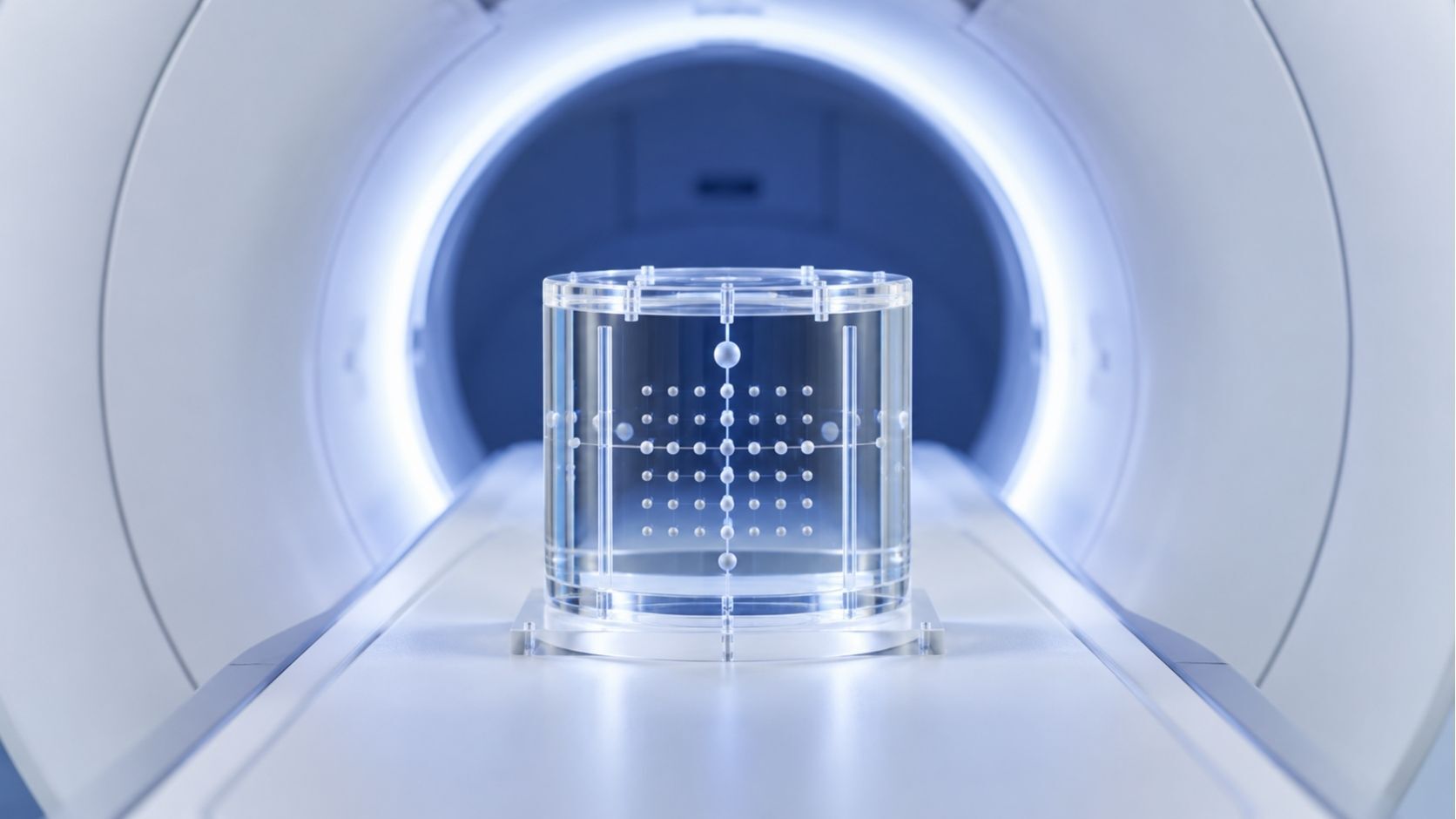 A calibration phantom on the table of an MRI scanner
