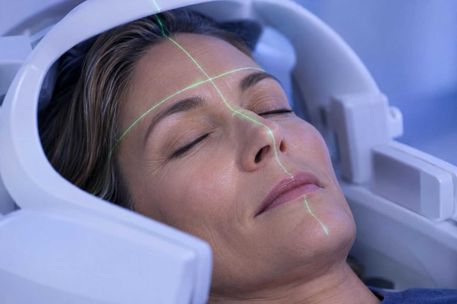 Kobieta z zamkniętymi oczami na stole MRI, z liniami lasera pozycjonującego na twarzy